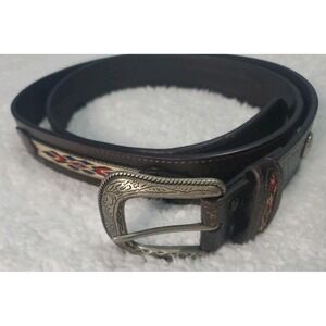 VTG Western Embroidered Belt Mens 55" 2XL  Native American Black Leather Buckle